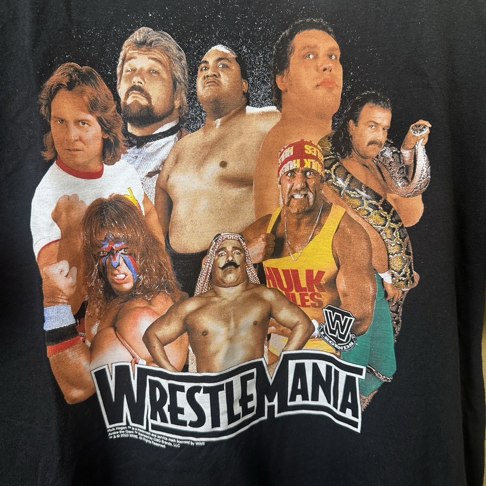 NWT WWE Legends Wrestlemania Black T-Shirt Size Large Hulk Hogan Andre The Giant